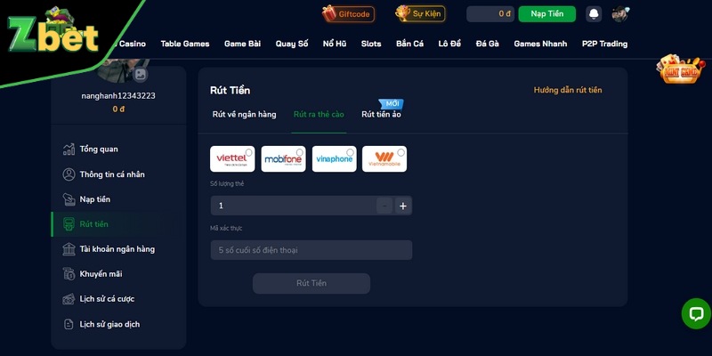 Đổi tiền thẻ cào là phương thức rút tiền ZBET hữu ích cho người chơi